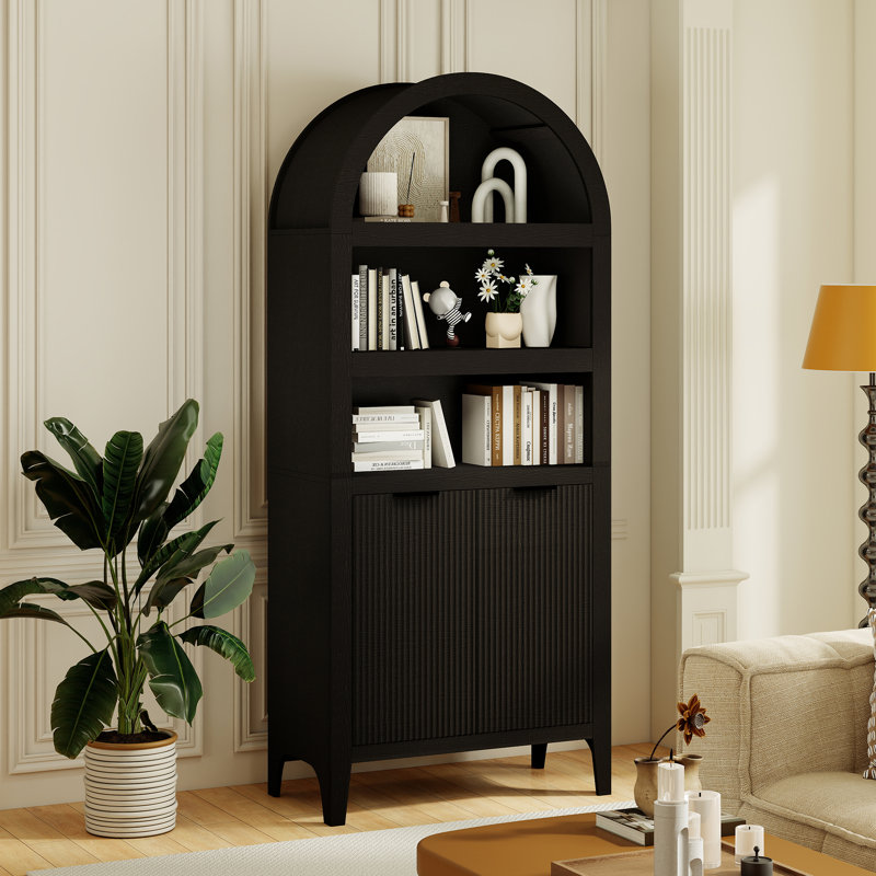 5 Tiers 72" Arched with Fluted Doors Bookcase, Cabinet Floor Standing Bookshelf, Black