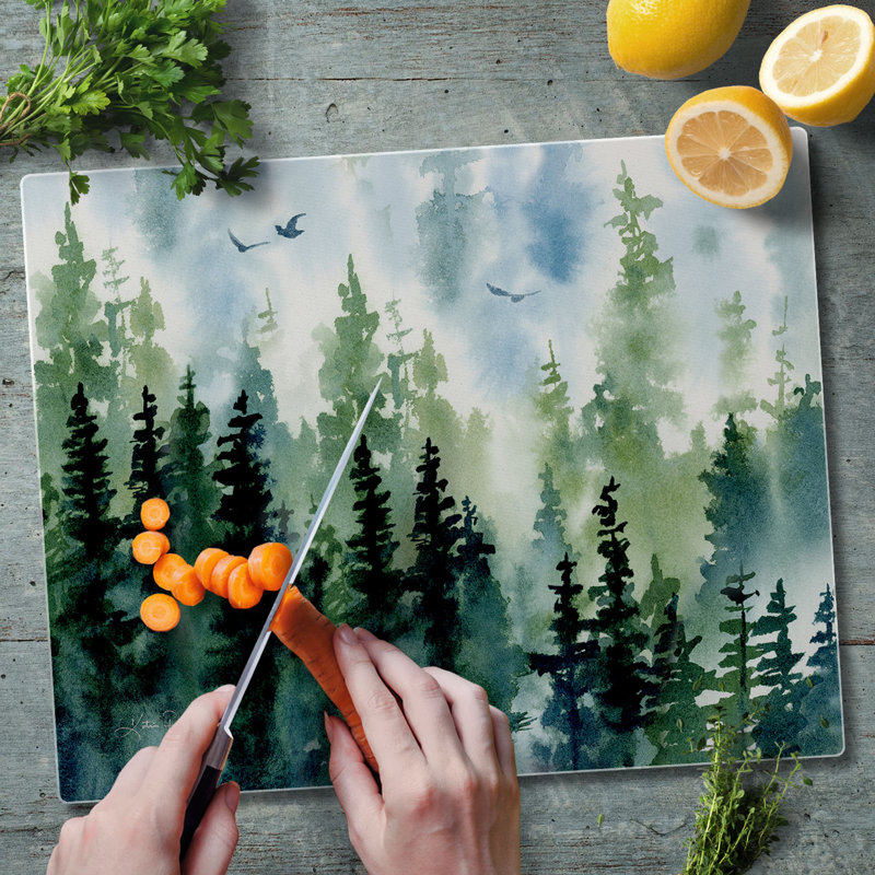 Tree Line Green and Blue Tempered Glass Rectangular Cutting Board
