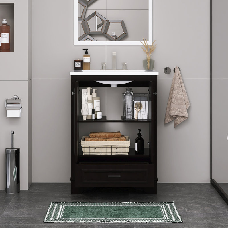 24 In. Freestanding Bathroom Vanity Set With Ceramic Integrate Sink Top, Black, Silver