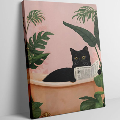 Drôle de chat noir, salle de bain, art mural, chat sur la baignoire, lecture de journal, peinture, décoration murale, animal mignon, affiche rose, œuvre d'art pour la chambre à coucher, décoration de la maison