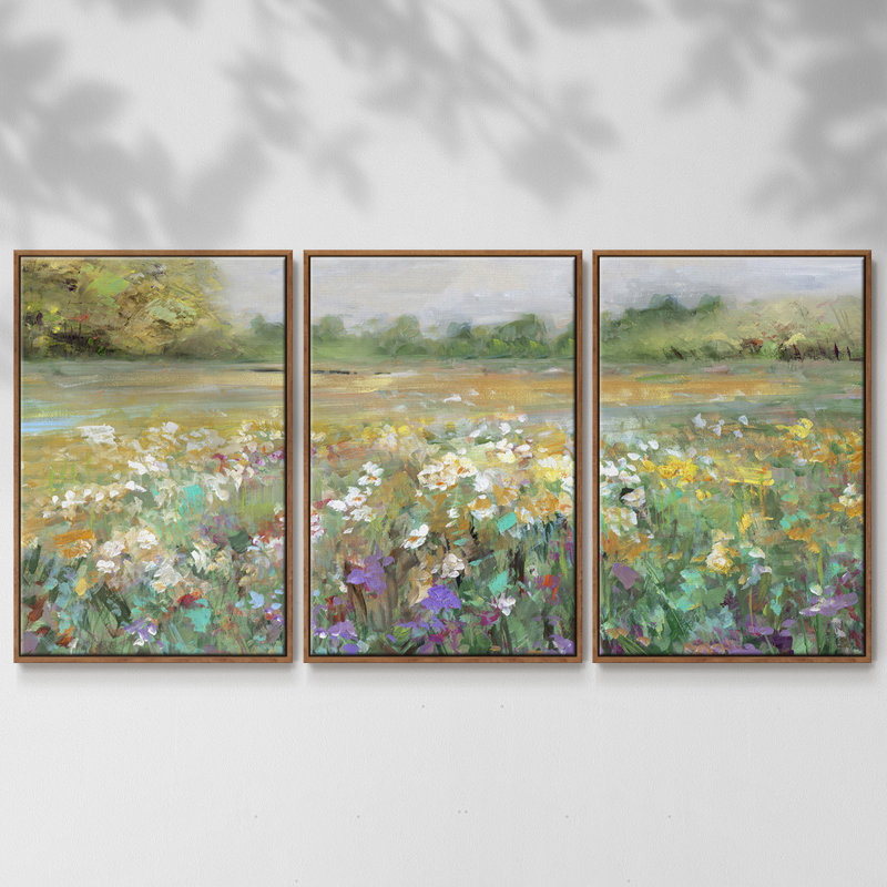 Country Meadow - 3 pièces, reproduction encadrée sur toile, H 24 po x l 48 po x P 2 po, Noyer