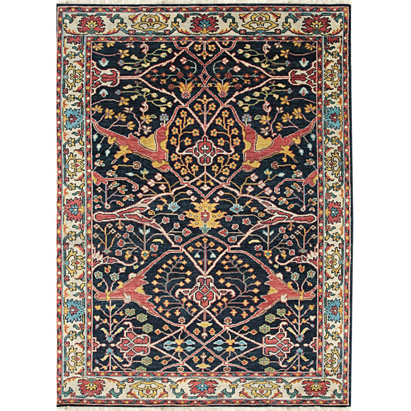 Blue Hand-Knotted Wool Phoenix Design Motif Geometric Modern Contemporary Carpet Rug