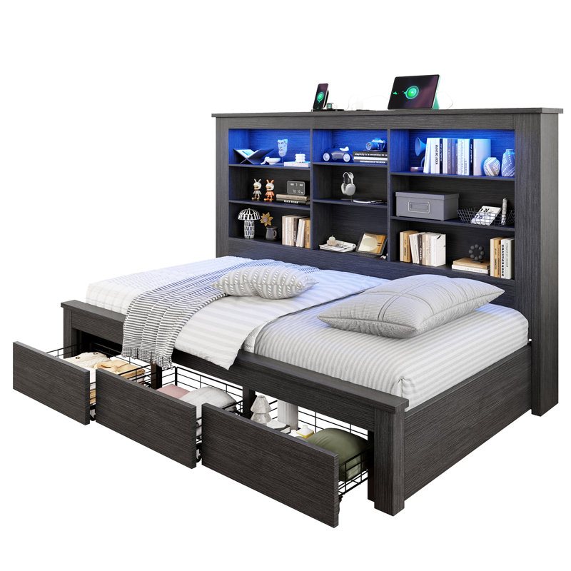 Daybed With Led Headboard, Usb Charging Station And 3 Storage Drawers, Rustic Farmhouse Style, Black