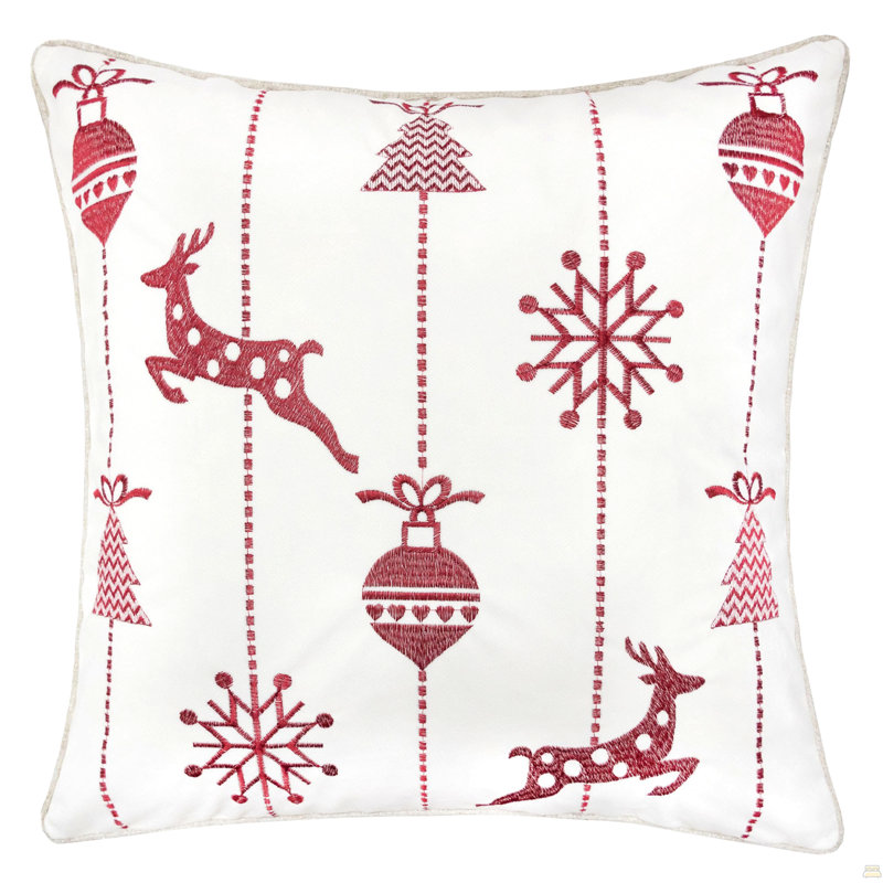 Coussin de Noël 20 x 20 avec renne brodé rouge et flocons de neige, Simple