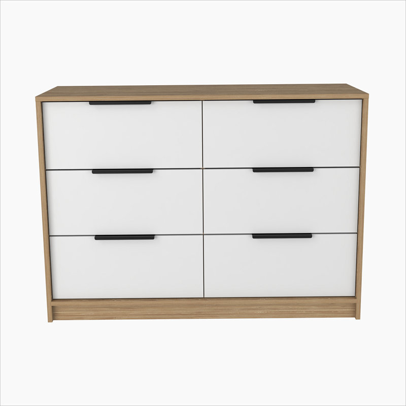 Kaia White and Pine 6-Drawer Modern Dresser