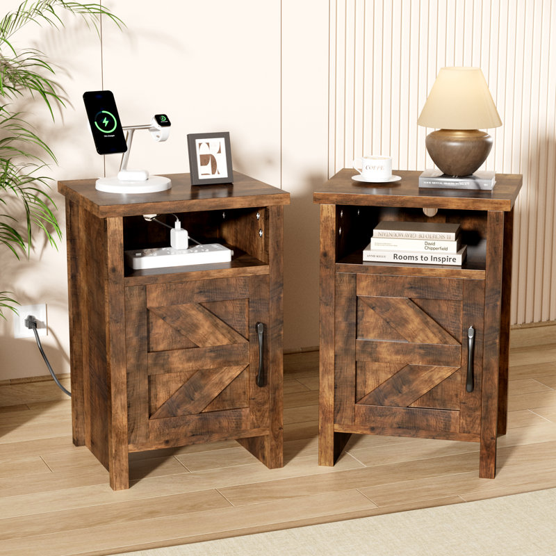 Farmhouse Modern Nightstand with Shelf and Barn Door - Light Brown