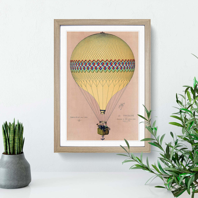 Tri-Colour Hot Air Balloon in Paris - Picture Frame Painting Print on MDF, 91cm H x 60cm W x 2cm D, Oak