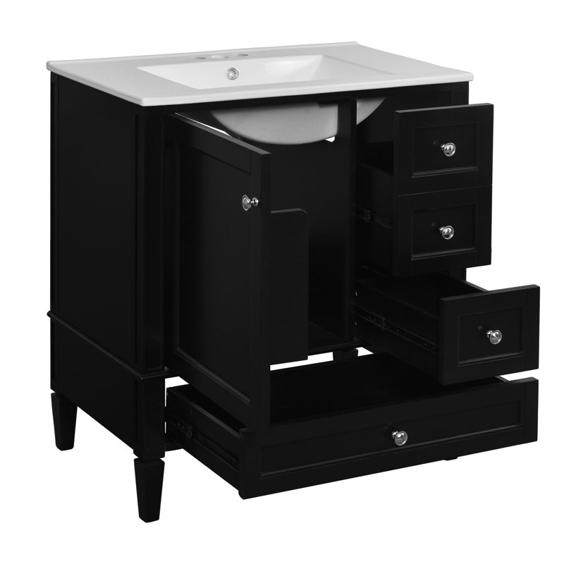 Meuble-lavabo 30 po avec lavabo en céramique - armoire en bois massif noir 3 tiroirs et objet fonctionnel