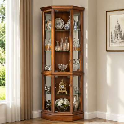 Vitrine de coin éclairée à 6 tablettes avec tablettes réglables en verre trempé et dossier en chêne (ampoule E26 non incluse)