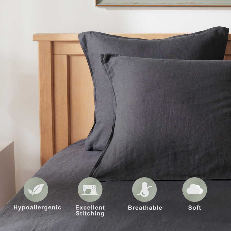 TOSMO 100% Linen Pillowcase Set of 2, Stone Washed Pillowcases Envelope Closure, Soft and Durable Pillow Cases, Charcoal Gray
