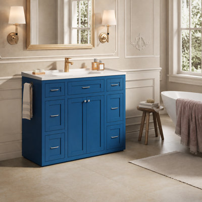 Meuble-lavabo bleu marine de 123 cm (48,42 po) avec lavabo en céramique, 6 tiroirs, tiroir central à ouverture latérale, portes doubles à fermeture amortie, porte-serviettes réversible, MDF