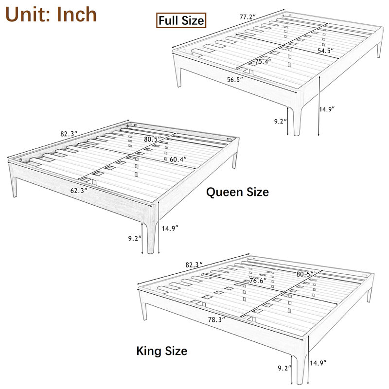 Retro Style Bed Frame, Platform Bed with Central Support Legs, Full, Brown