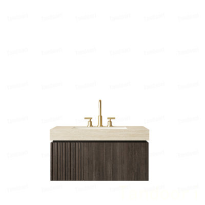 Meuble-lavabo de salle de bain, meuble de rangement flottant en contreplaqué avec tiroir et porte, comptoir en pierre frittée Roma Travertine et lavabo en céramique avec 3 trous de robinet pré-percés, pré-assemblé