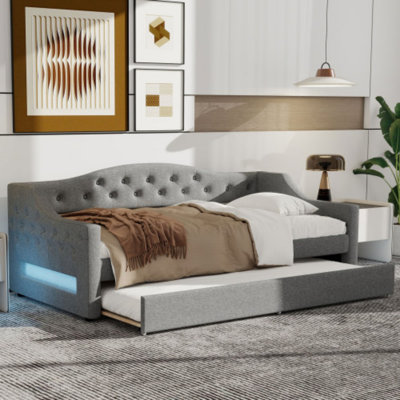 Upholstered Twin XL Daybed with LED Lighting, Trundle Bed & Sturdy Wood Frame – Space-Saving Platform Bed by Brayden Studio