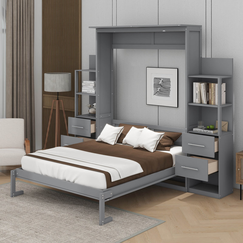 Lit escamotable avec tablettes, tiroirs et DEL Murphy, Gris, Grand lit