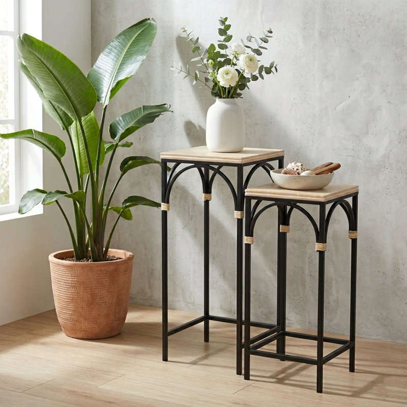 Claudette Set of 2 Rattan Accented Wood & Metal Square Side Tables