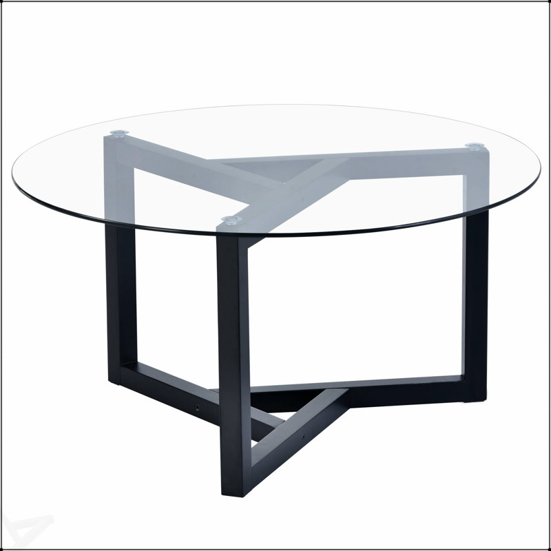 Table basse ronde en verre avec plateau trempé et base en bois robuste, facile à assembler pour la vie moderne, Noir