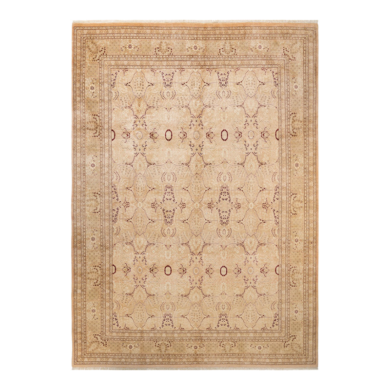 Tapis beige en laine noué à la main de conception unique 8 pi 10 po x 12 pi 9 po Shiey