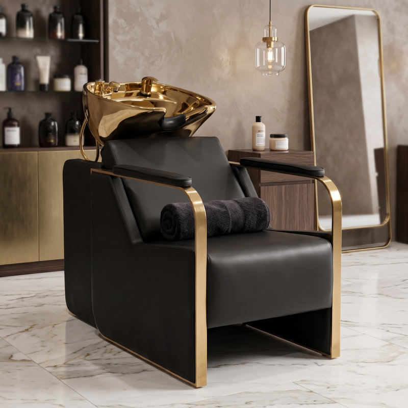 Fauteuil de shampooing réglable avec repose-nuque, fauteuil de lavage avec bol à shampooing en céramique,, Or