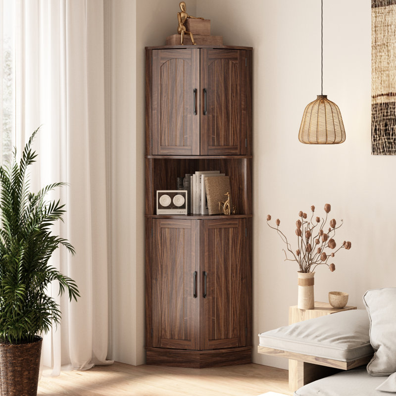 Ciauna 64.7''H Corner Cabinet with Rattan Doors, Brown, Dark Brown