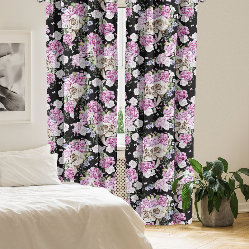 Floral Skull Black and Pink Microfiber Room Darkening Curtains