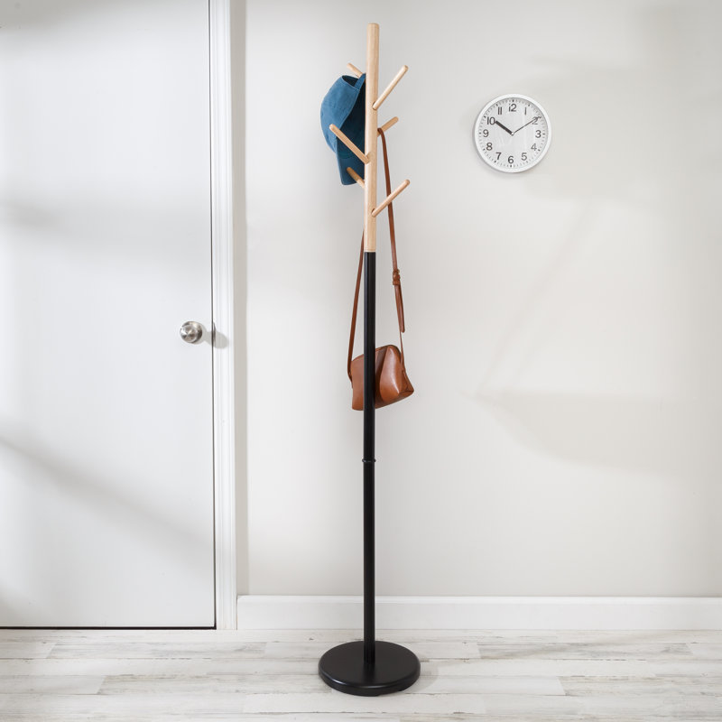 Portemanteau autoportant moderne avec base ronde, noir / bois naturel