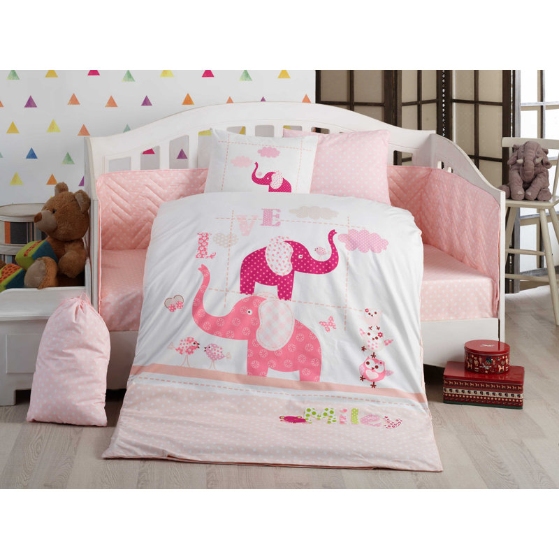 Ensemble de housse de courtepointe 100% coton, rose et blanc, mauve et vert | Housse de couette (39,4 x 59,1 po), drap plat (39,4 x 59,1 po), 2 taies d'oreiller (13,8 x 17,7 po) | Lavable à la machine, doux et durable, fermeture à boutons