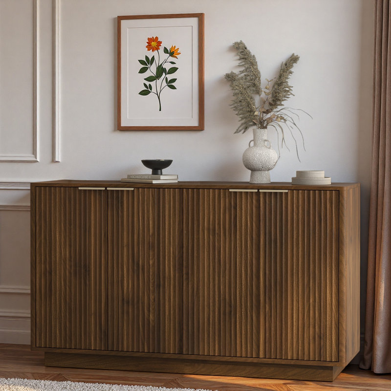 Modern Fluted Sideboard With Adjustable Shelves And Metal Handles, Walnut