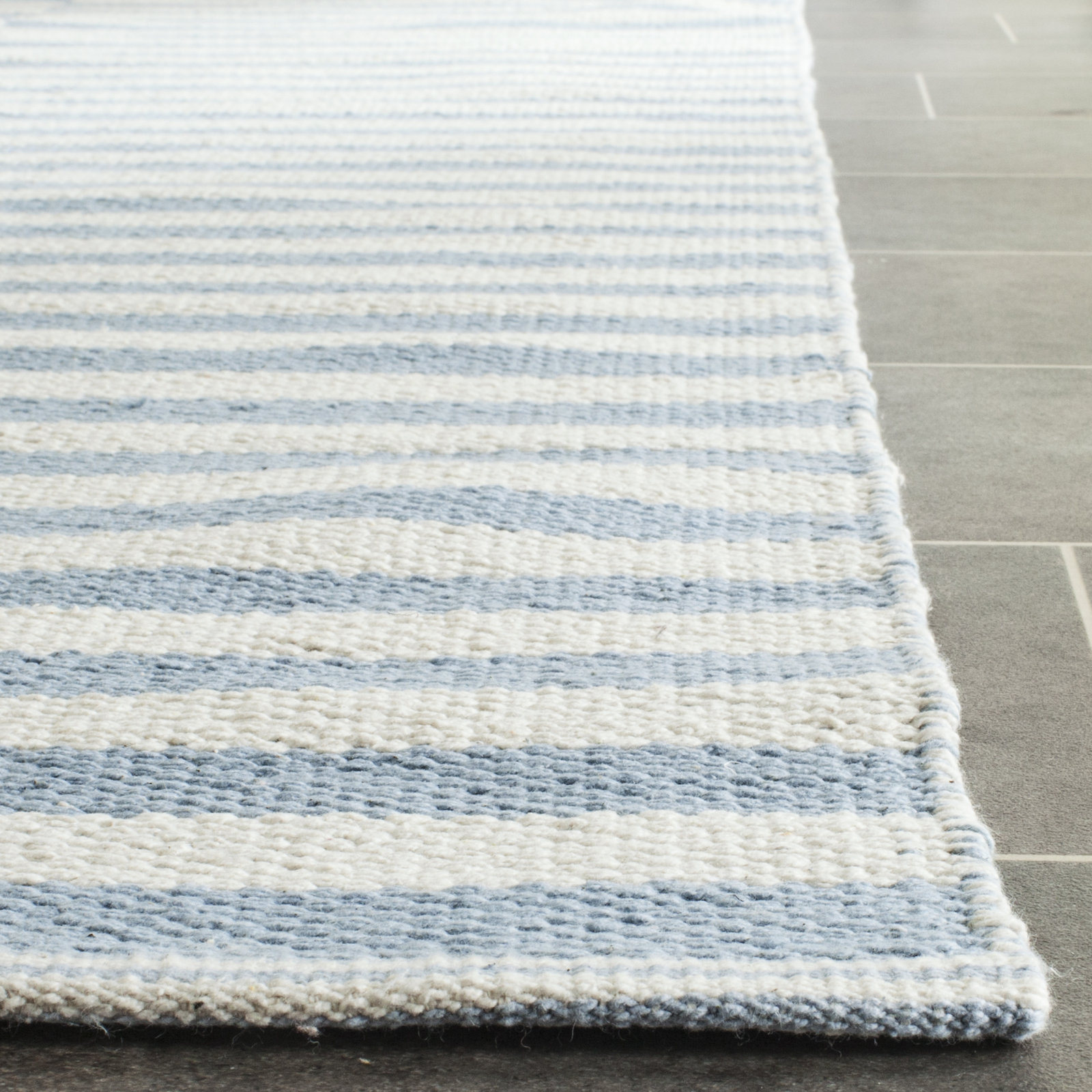 Ilona Ivory Light Blue Striped Cotton Rug, Rectangle 2'6" x 4'