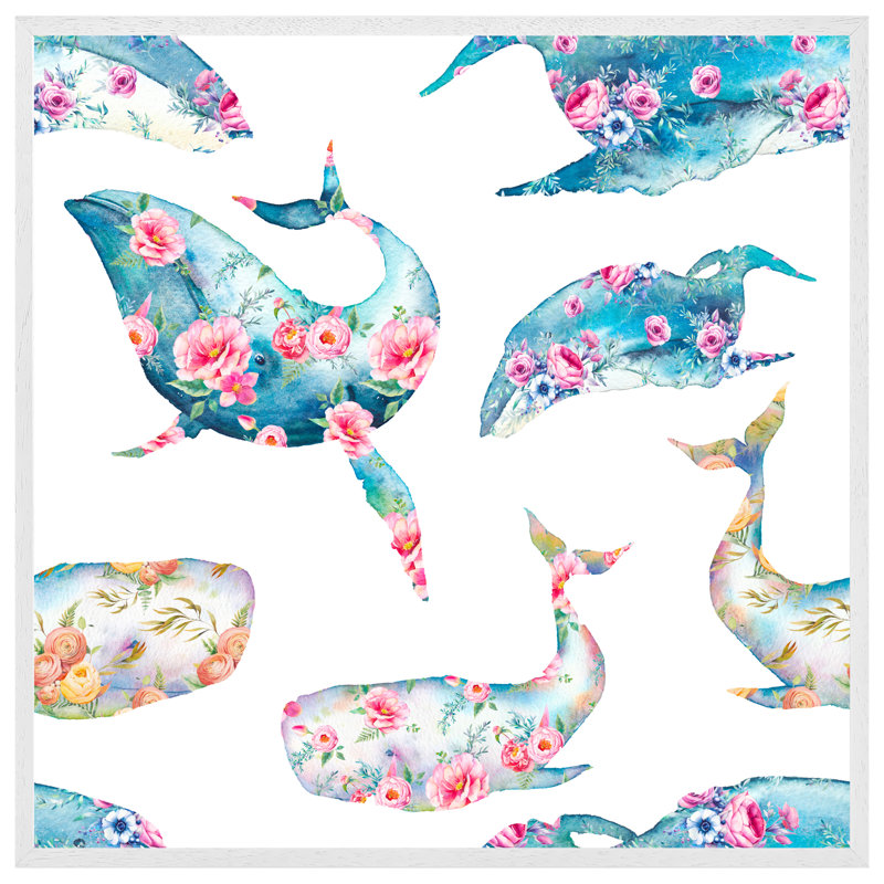 Cureton Whale With Flowers - Single Picture Frame Print, 41cm H x 41cm W x 4cm D, White Framed