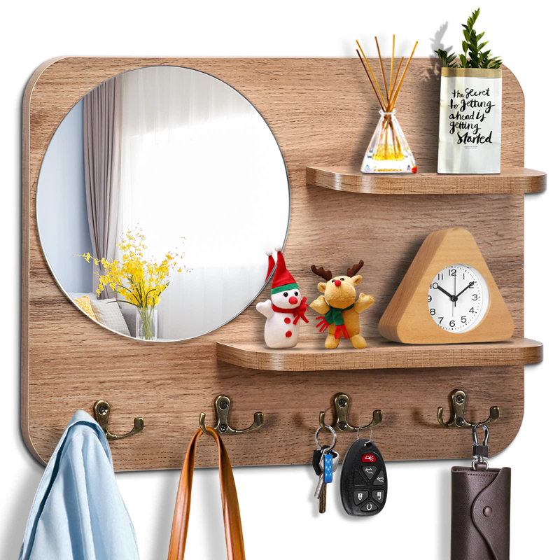 Key Holder For Wall With Shelf,Wooden Key Rack With Key Hook With Mirror And 4 Key Hooks For Rustic Entrances Hallways Living Rooms And Bedrooms 16"X12"