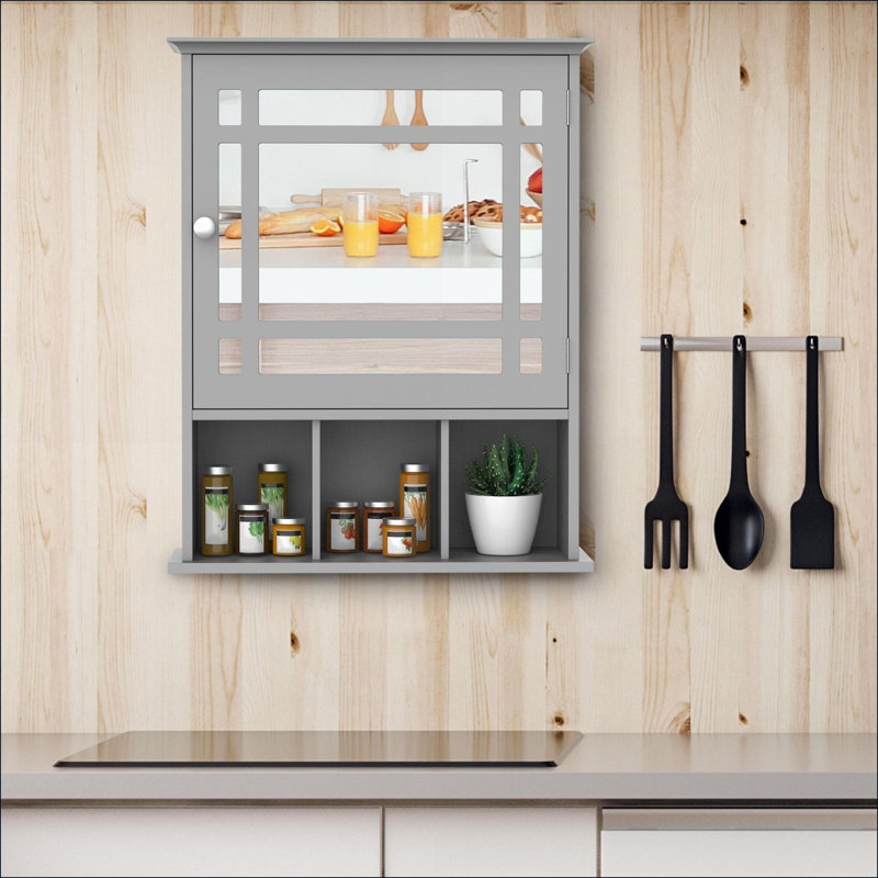 Armoires | Pharmacie à miroir murale avec tablettes de rangement ouvertes, résistante à l'eau, L 19 po x l 6,5 po x H 23,5 po, gris ardoise | Moderne | Panneau de fibres à densité moyenne