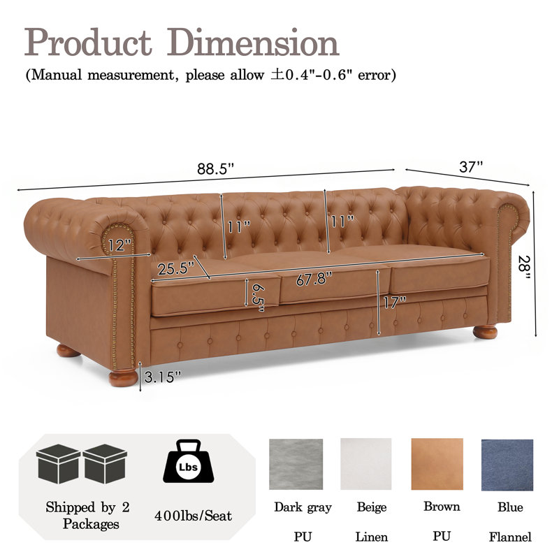 88.5" Chesterfield Sofa, Faux Leather Couch Upholstered Sofa With Low Back, Rolled Arm Nailhead Trim Classic 3 Seater Sofa - Brown