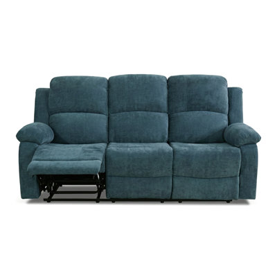 Light Blue Fluffy Fabric 3-Seat Reclining Sofa With Drop Down Table & Cup Holders