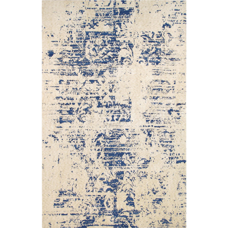Abstract Handmade Tufted Beige/Blue Area Rug, Rectangle 5' x 8'
