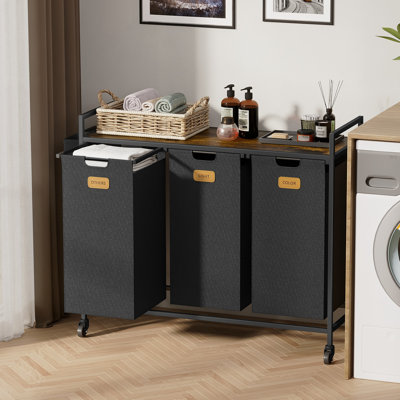 Chariot de tri du linge avec 3 sacs en tissu amovibles, panier à linge roulant avec couvercle en bois et poches latérales, organisateur de linge mobile sur roulettes pour salle de bain et buanderie.
