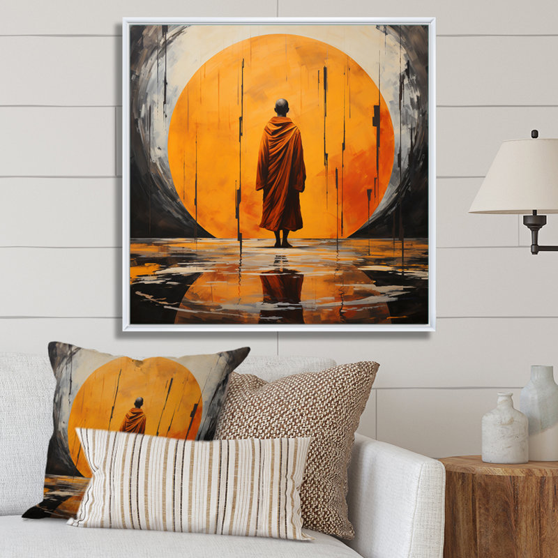 Minimalisme, bouddhisme orange gourou V, H 24 po x l 24 po x P 1 po, Cadre flottant blanc