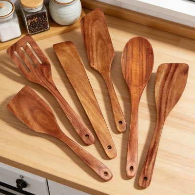 Ensemble de spatules en bois de teck, ustensiles de cuisine non toxiques 6 pièces avec tourneur à fentes, grattoir, cuillère et palette pour batterie de cuisine antiadhésive, ustensiles de cuisine naturels