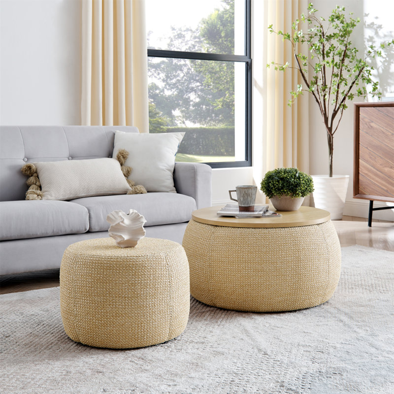 Round Storage Ottoman, Woven Rattan Fabric Ottoman, 2 In 1 Function, Work As End Table And Ottoman,With Small Seat-Nature(25"X25"X14.7")