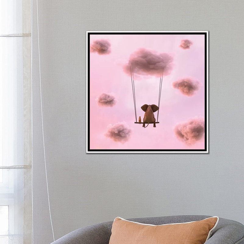 «Elephant and Dog Are Flying on a Cloud» par Mike Kyivi, reproduction d'impression, Toile blanche encadrée, Pas de tapis