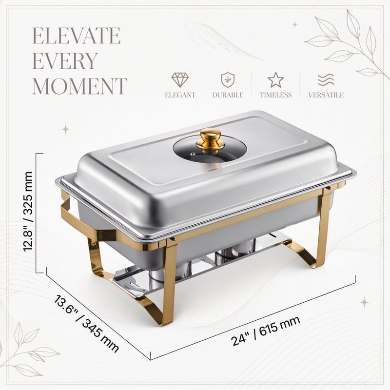 Ensemble de buffet de 2 plats chauffants rectangulaires de 4 pintes (3,8 L), demi-plateau, acier inoxydable avec une élégante finition dorée, parfait pour les événements et la restauration.