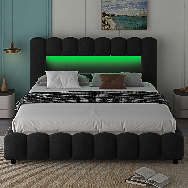 Upholstered Platform Bed with LED Headboard
