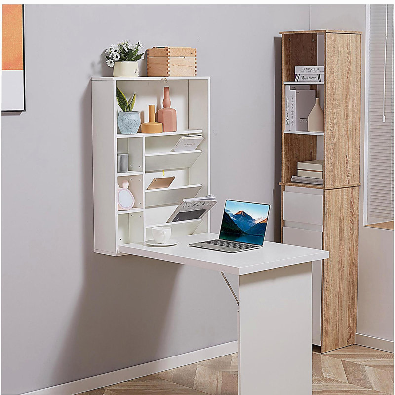 Bureau de conversion mural pliable, bureau flottant multifonctionnel avec tablette de rangement, blanc