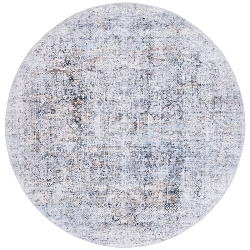 Tapis bleu uni en polyester tissé à la machine Talena, Rond 6 pi