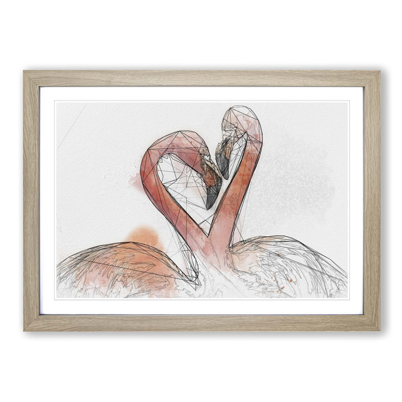 Two Loving Flamingos in Abstract - Picture Frame Graphic Art Print on MDF, 62cm H x 87cm W x 2cm D, Oak Framed