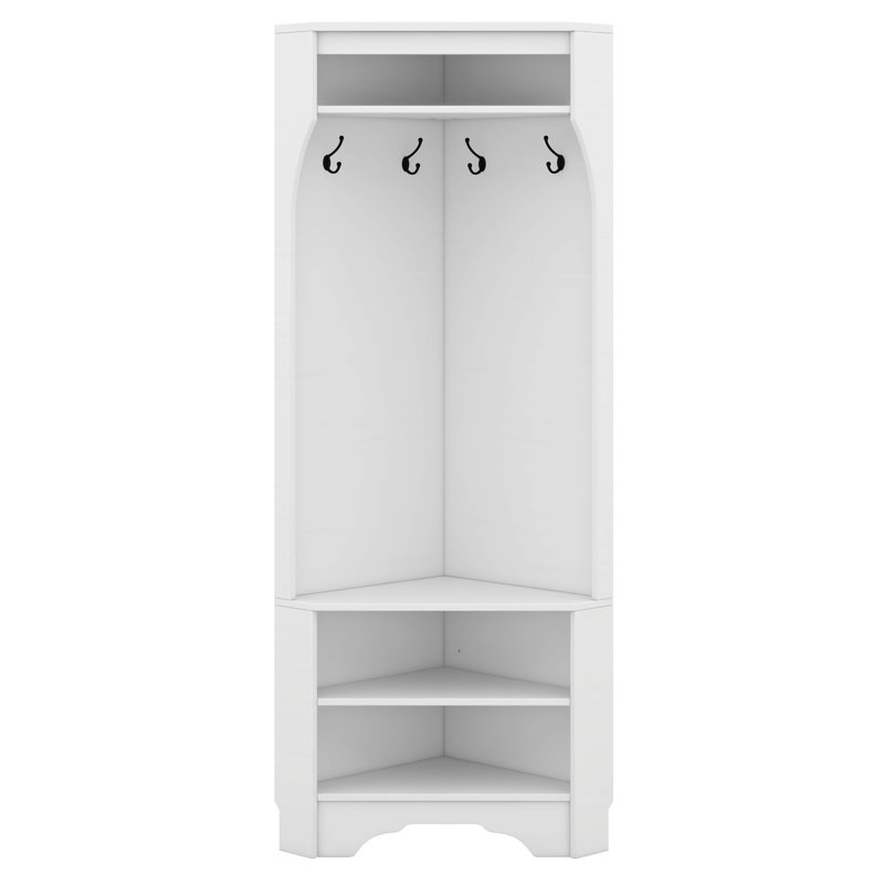 Minimalist Corner Hall Tree With Shoe Bench And 4 Hanging Hooks, Corner Cabinet With Adjustable Shelf, White