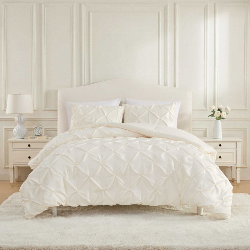 Laura Ashley Solid Satin Pintuck Reversible Comforter Set, Twin XL Comforter + 1 Standard Sham, Beige