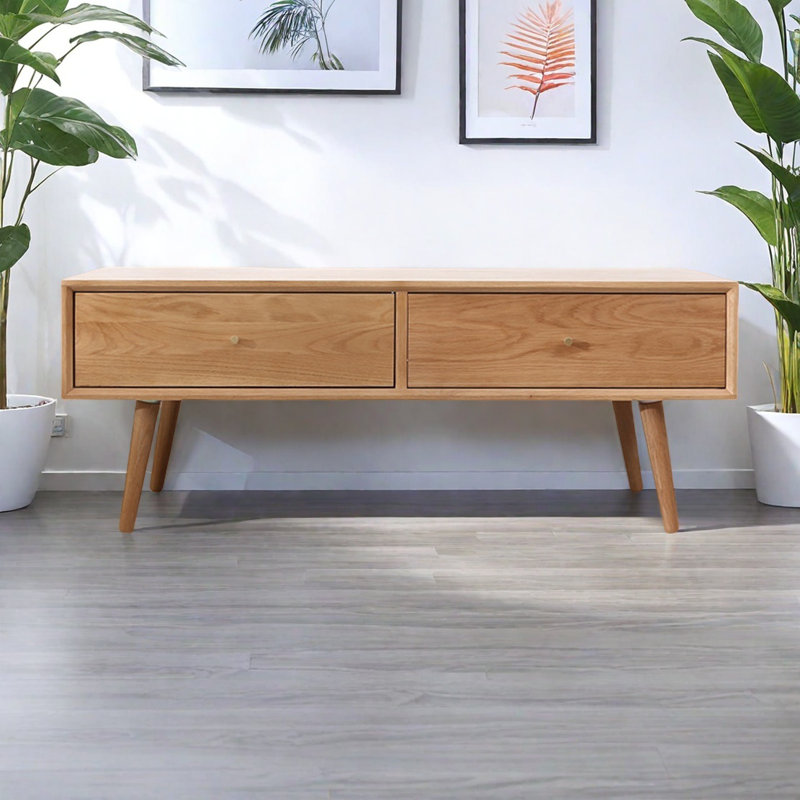 Simple oak four draw square end table, 17.7" H x 51.2" L x 25.6" W