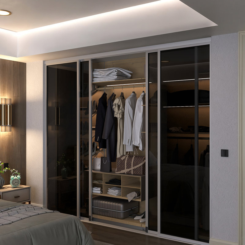 Armoire 4 panneaux coulissants en verre fumé, Aluminium brossé, L 160 po x H 80 po
