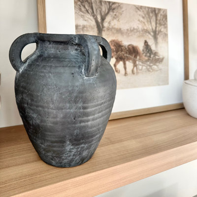 Terracotta Rustic Table Vase Jar with Handle for Home Decor - Jar Style Flower Vase Accent for Living Room, Office, and Entryway